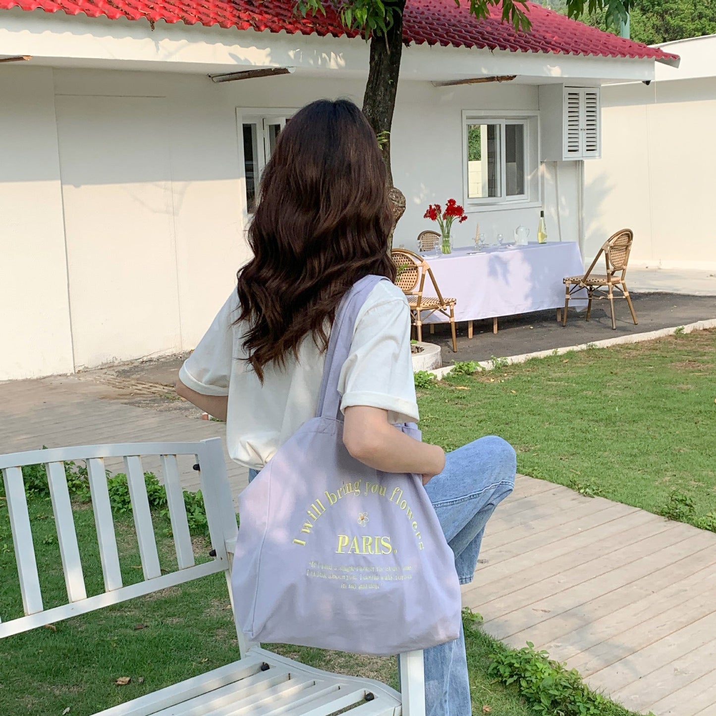Letter Embroidered Large Capacity Shoulder Tote Bag
