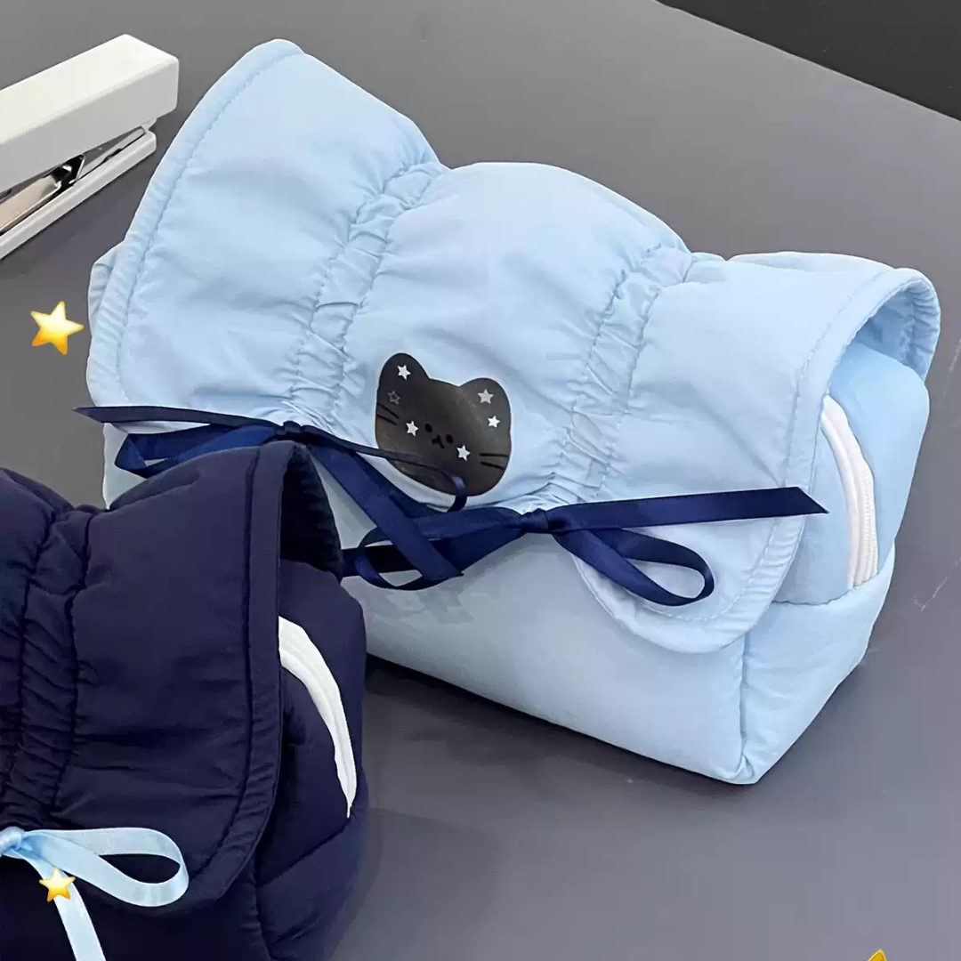 Cute Creamy Blue Bow Pencil Pouch