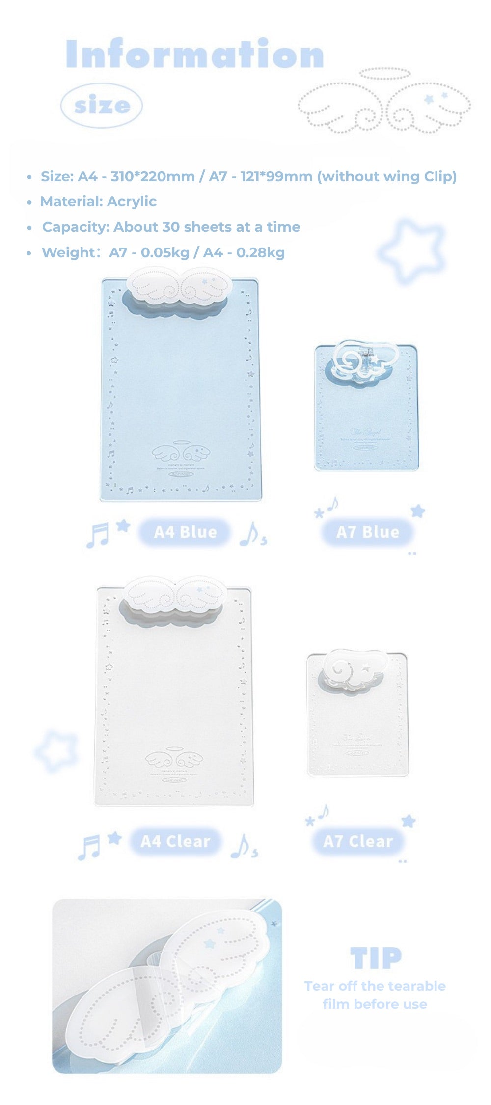 Angel Wings Transparent Acrylic Clipboard in A4 & A7