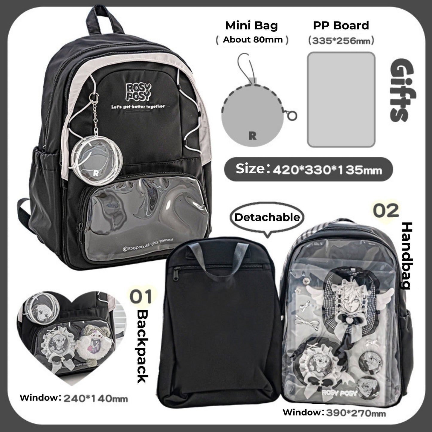Transparent Window Large Capacity 2 Bags In 1 Detachable Backpack