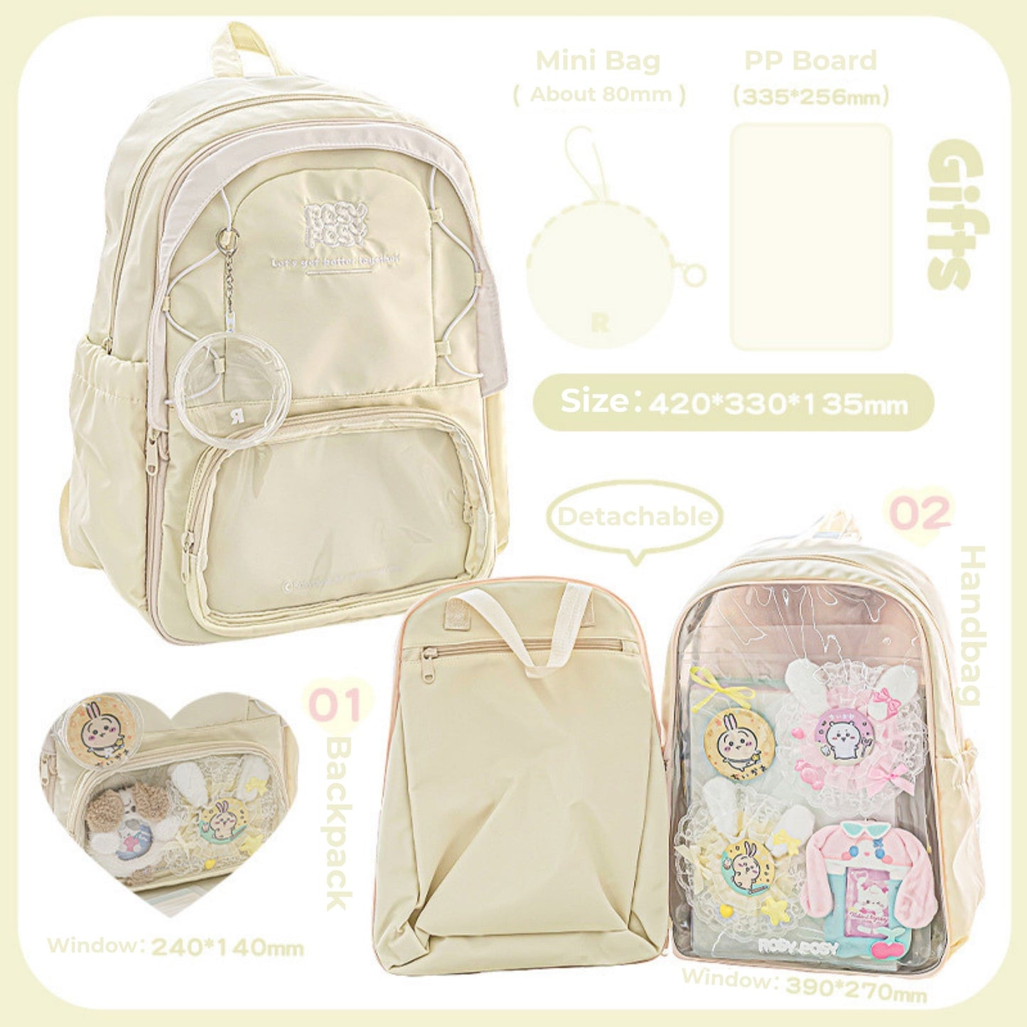 Transparent Window Large Capacity 2 Bags In 1 Detachable Backpack