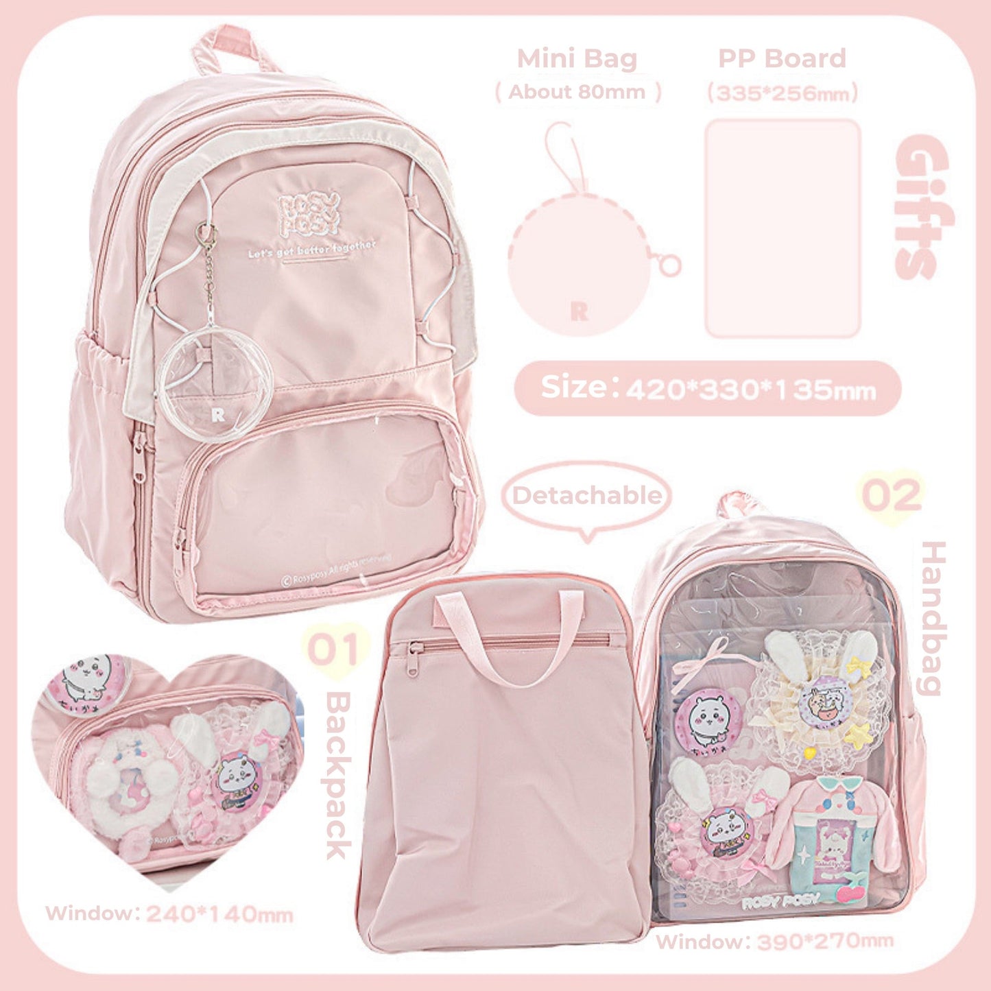 Transparent Window Large Capacity 2 Bags In 1 Detachable Backpack
