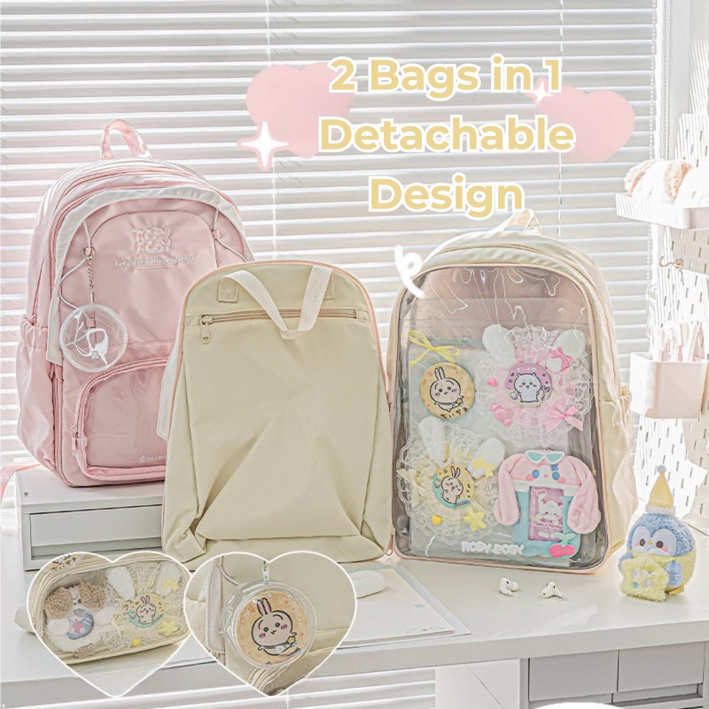Transparent Window Large Capacity 2 Bags In 1 Detachable Backpack