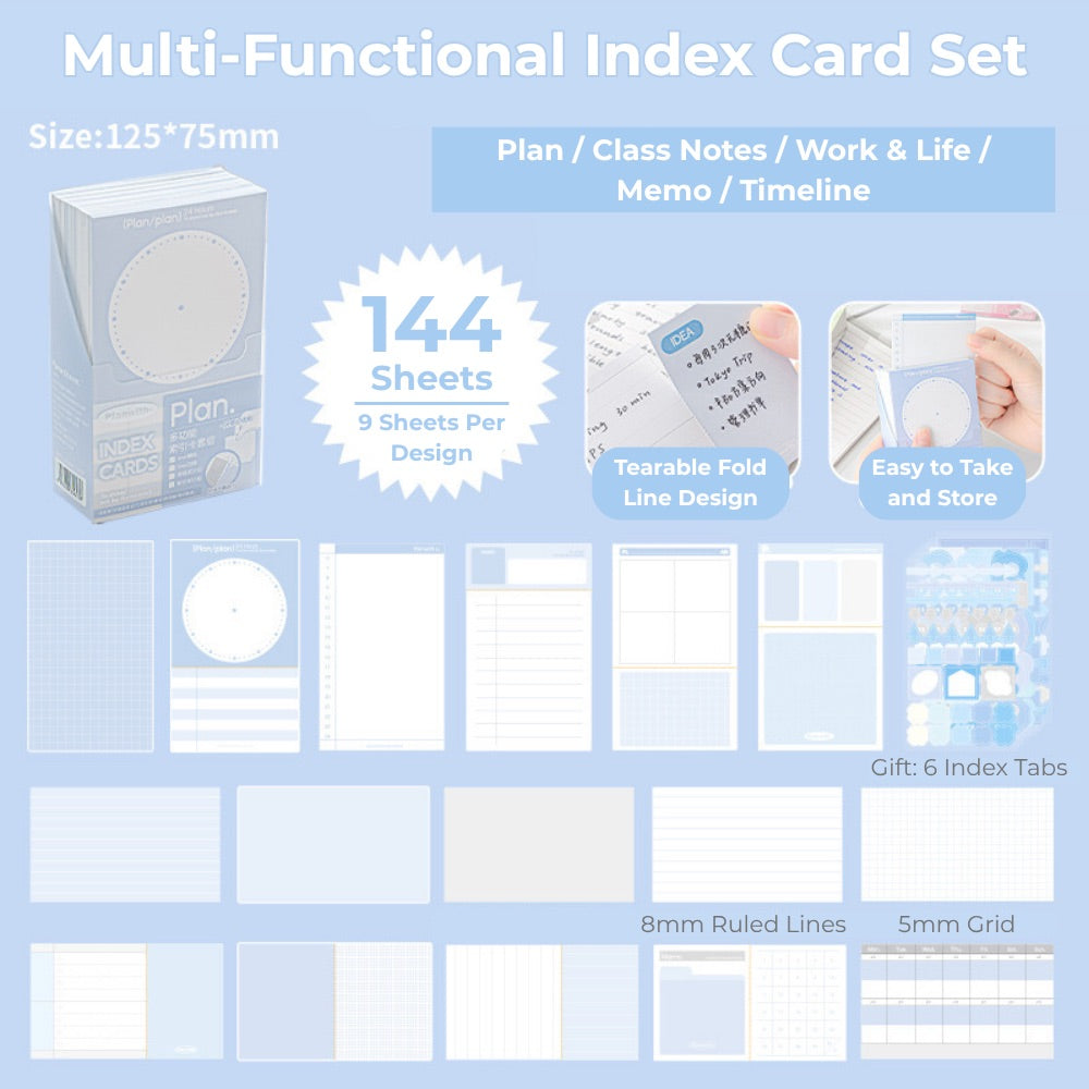 Useful Index Card Set – 144 Notes with Matching Tabs for Study & Work