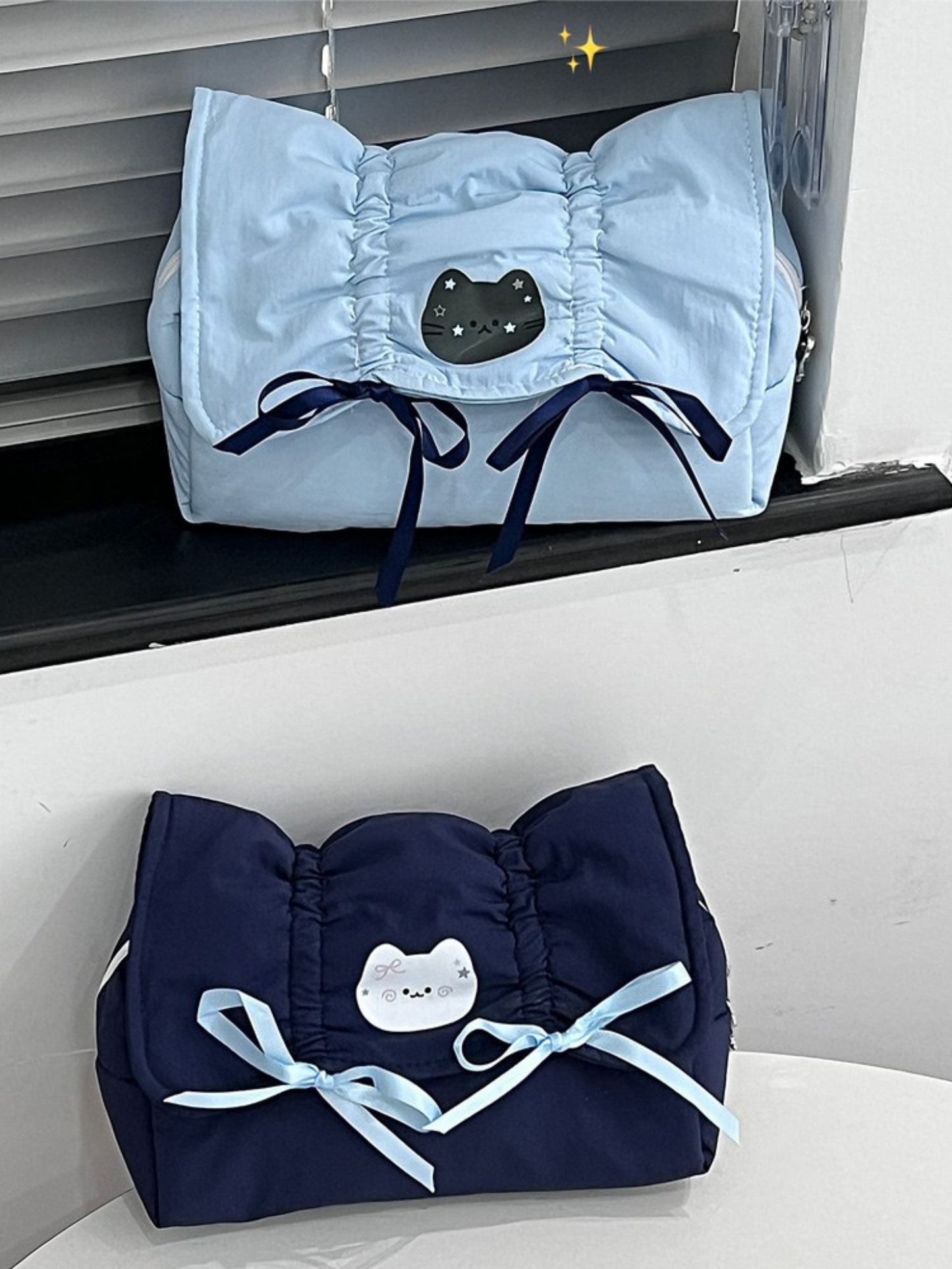Cute Creamy Blue Bow Pencil Pouch