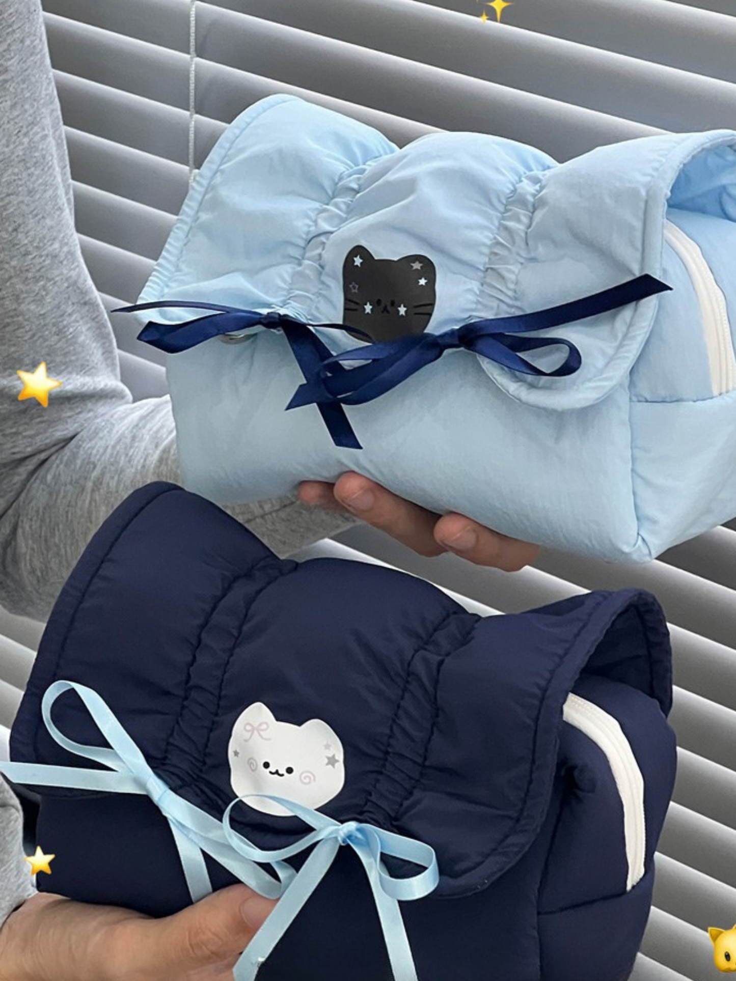 Cute Creamy Blue Bow Pencil Pouch