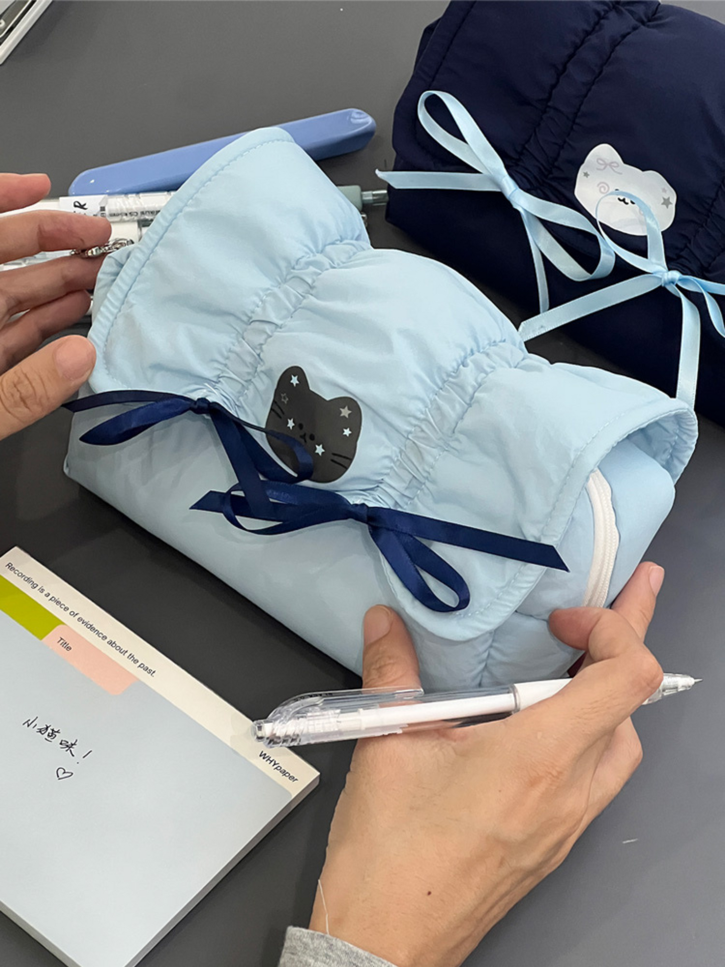 Cute Creamy Blue Bow Pencil Pouch