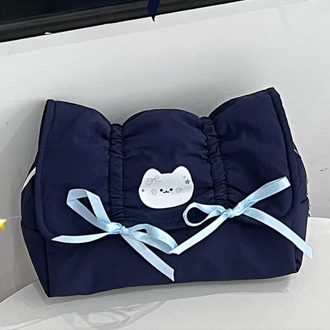 Cute Creamy Blue Bow Pencil Pouch