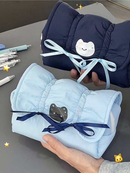 Cute Creamy Blue Bow Pencil Pouch